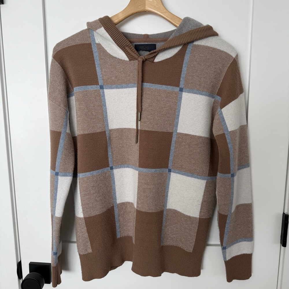 Rachel‎ Rachel Roy Sweater Women's M Knit Pullover Hoodie Blue Brown White Plaid
